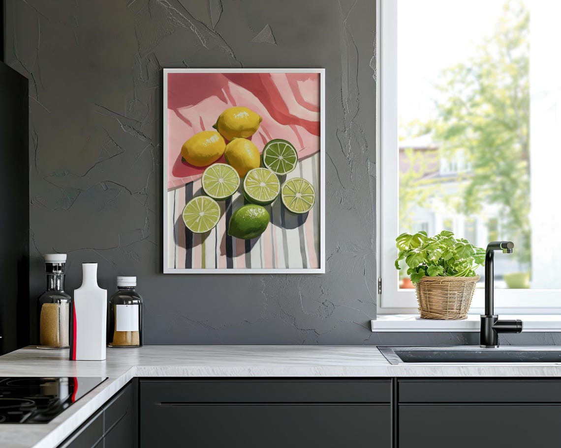 Lemons Limes Still Life Striped Cloth Kitchen Fruit Art Poster - Image 2