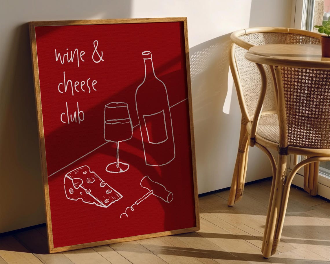 Wine and Cheese Club Red Line Art Minimalist Modern Kitchen Poster - Image 5