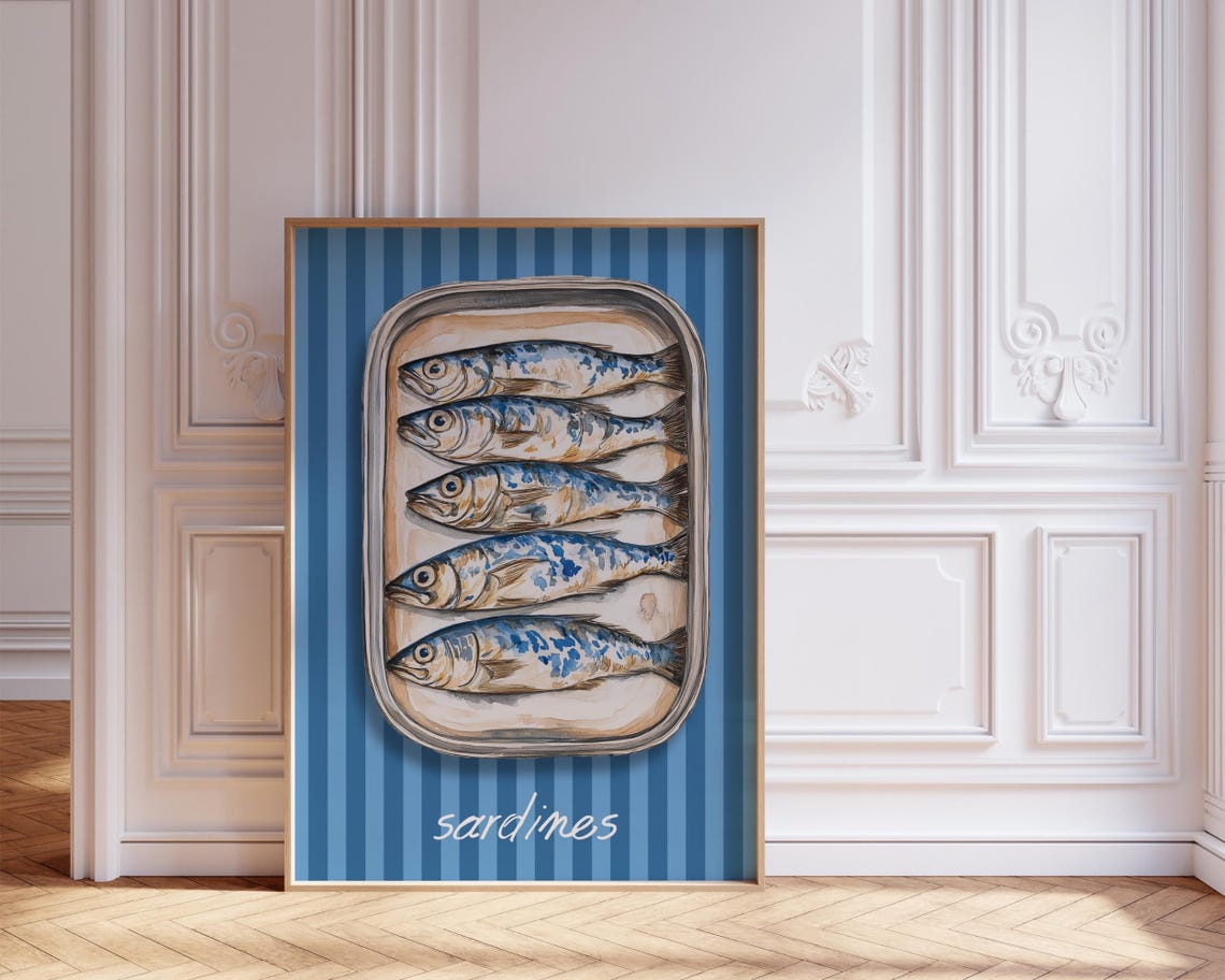 Sardines Tin Blue Striped Background Kitchen Art Illustration Poster - Image 8
