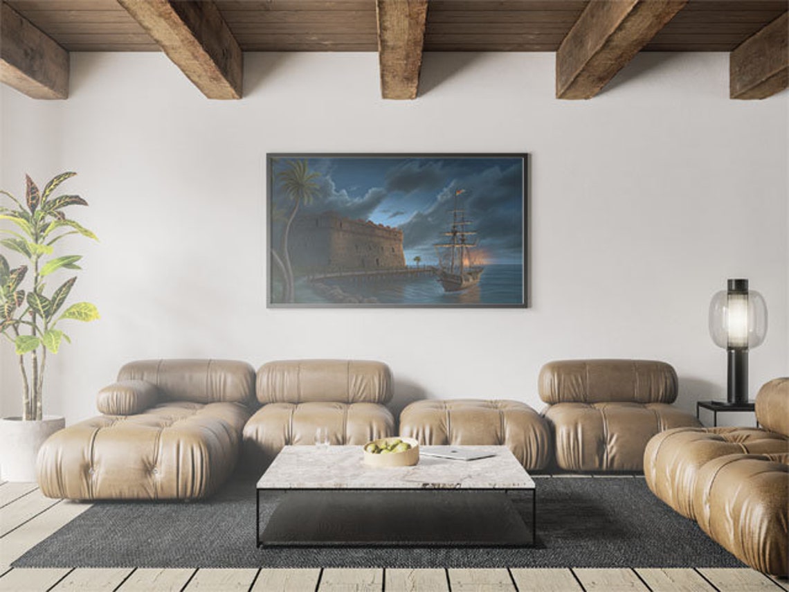 Historic Coastal Stone Fort at Night with a Tall Ship Wall Poster - Image 3