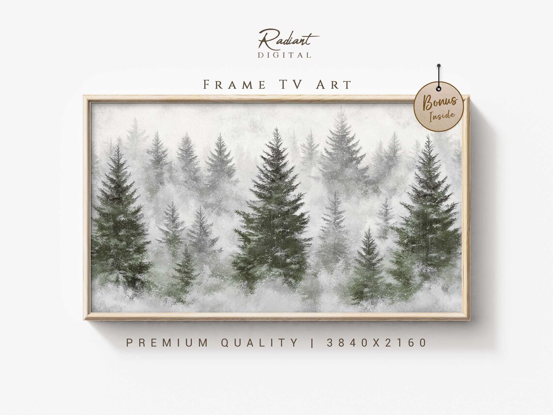 Misty Snowy Pine Forest Fog Watercolor Winter Woodland Wall Art