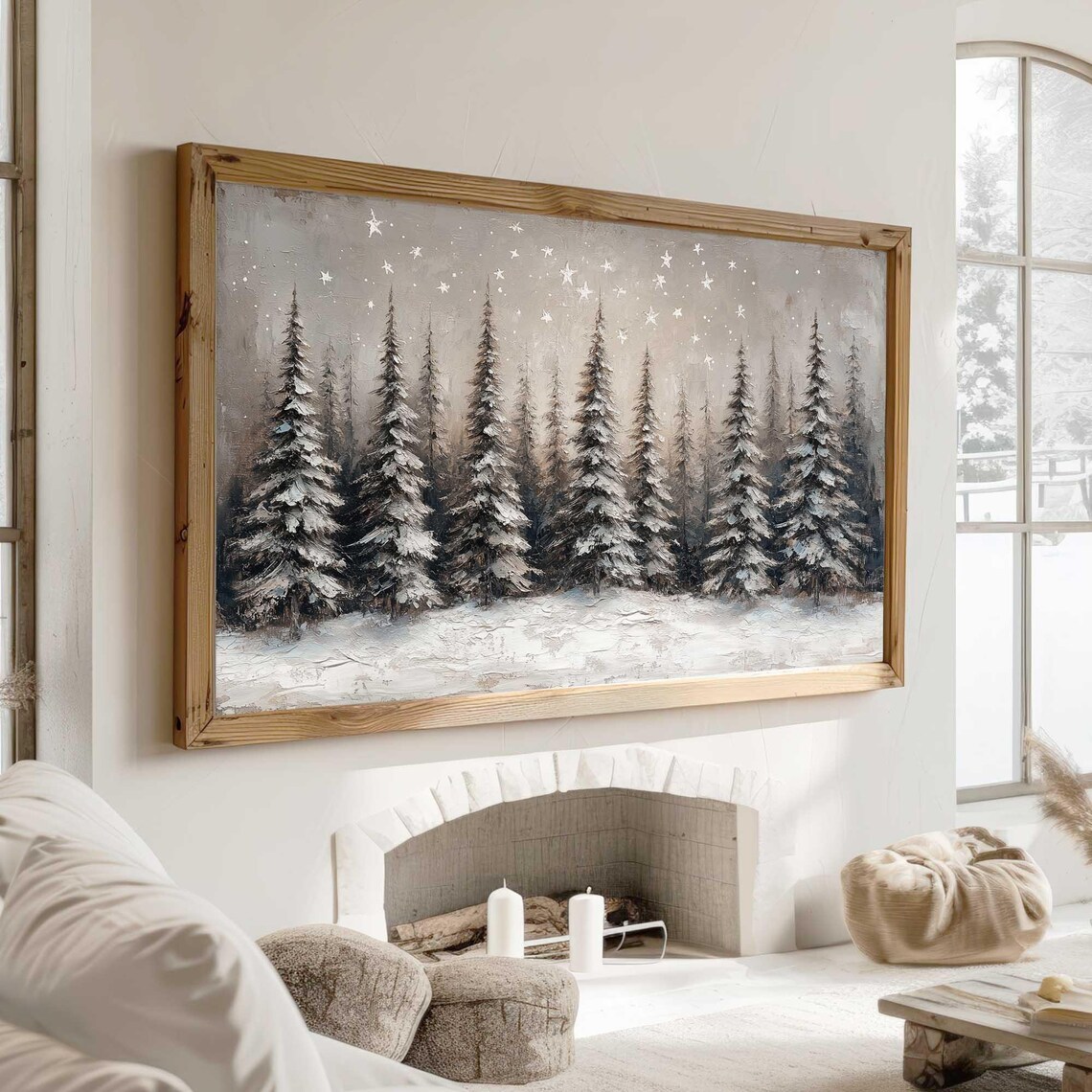 Minimalist Snowy Pine Trees White Stars Winter Night Wall Art - Image 3