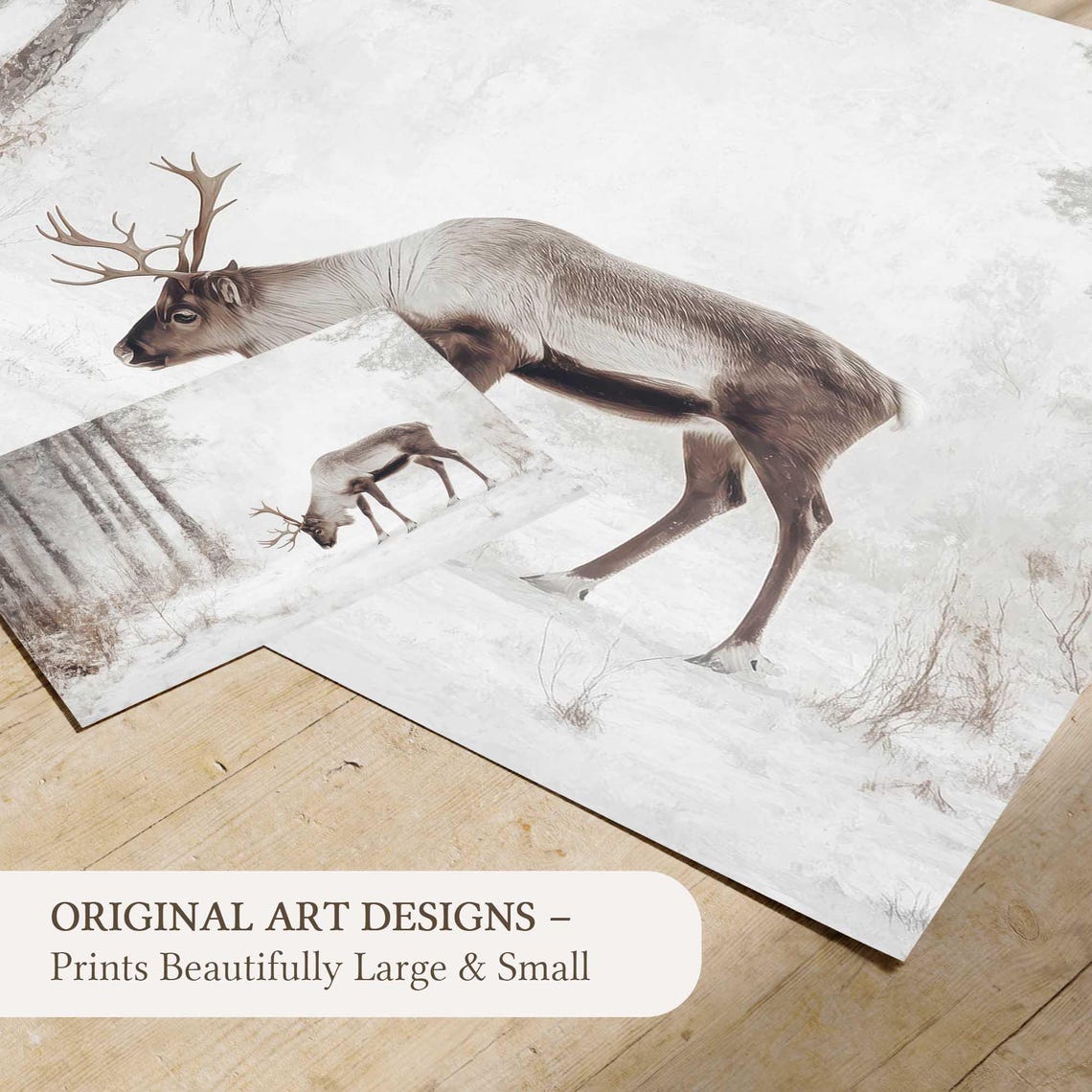 Lone Reindeer in a Snowy Birch Forest Winter Watercolor Poster - Image 4