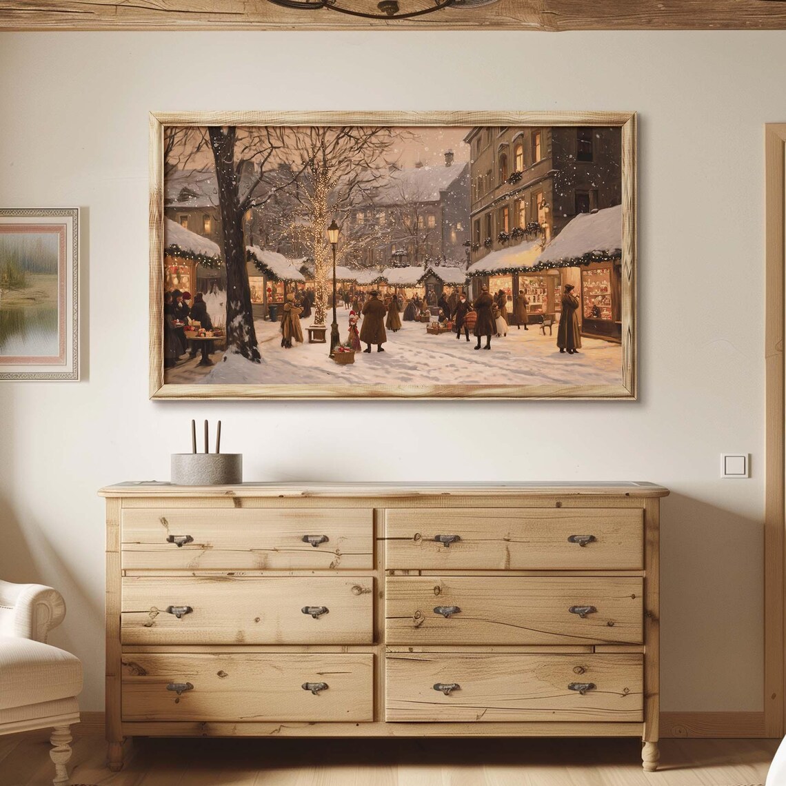 Snowy Christmas Market Street Stalls with Warm Glowing Lights Poster - Image 4