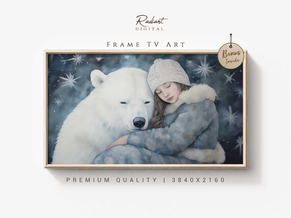 Girl Hugging Polar Bear Snowy Winter Night Watercolor Art Poster