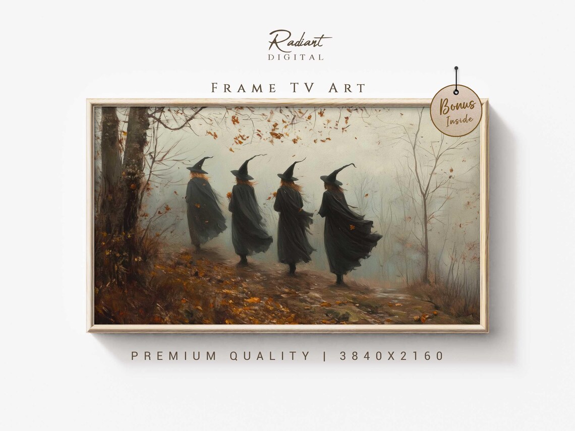 Four Witches Walking Foggy Autumn Path Halloween Coven Art Poster