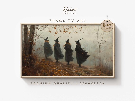 Four Witches Walking Foggy Autumn Path Halloween Coven Art Poster