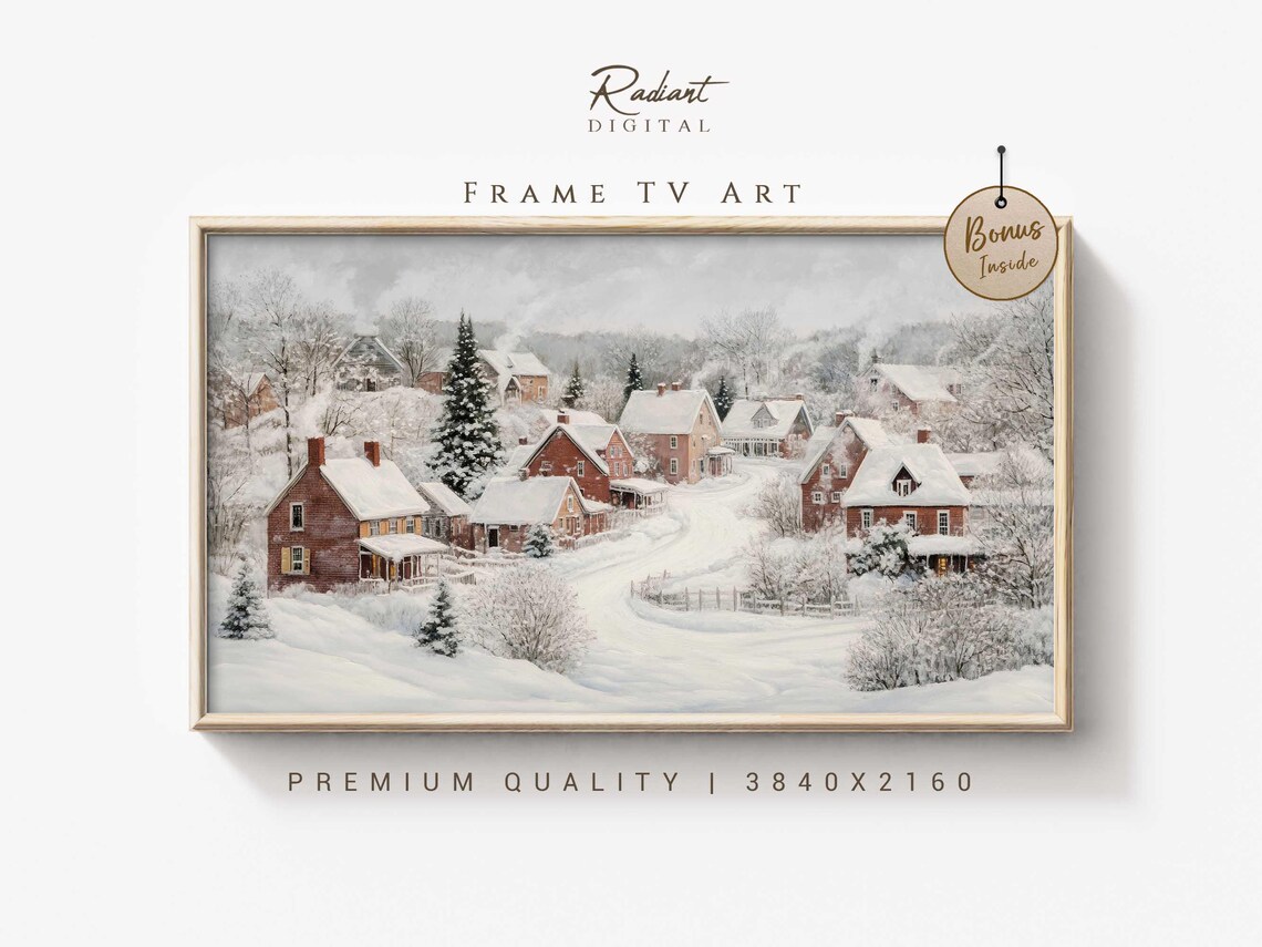Vintage Snowy Farmhouse Village Red Brick Homes Winter Wall Art