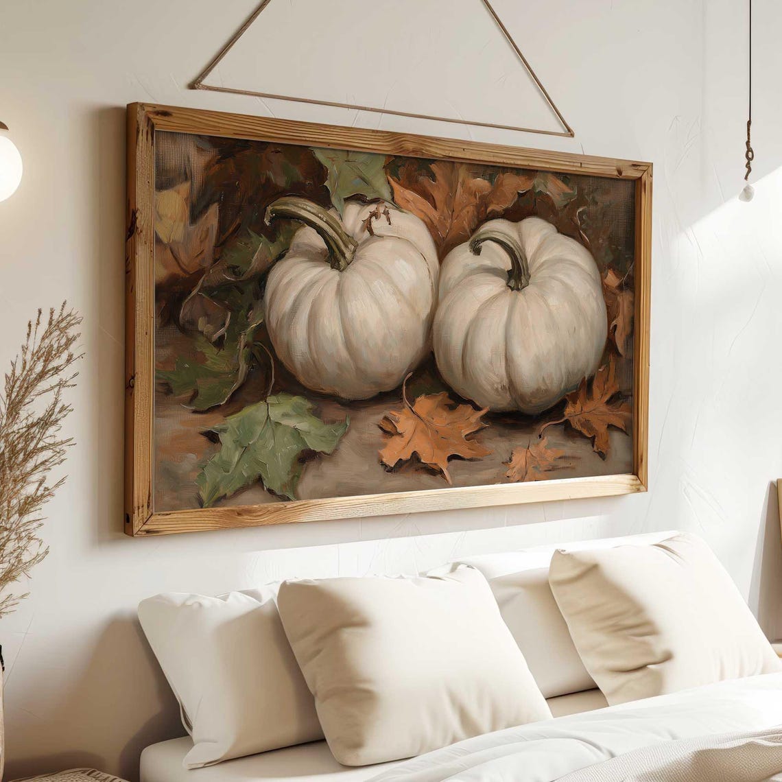 White Pumpkins on Autumn Leaves Oil Painting Fall Harvest Art Print - Image 3