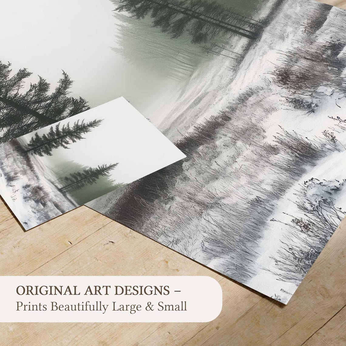Misty Tall Pine Forest Winter Minimalist Snowy Watercolor Poster - Image 4