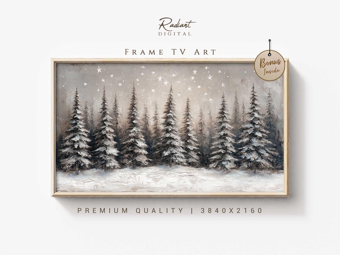 Minimalist Snowy Pine Trees White Stars Winter Night Wall Art
