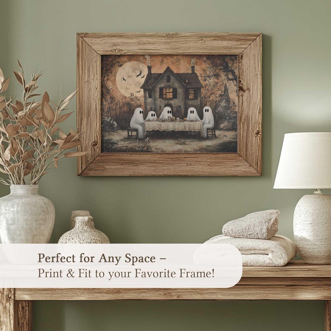 Ghost Dinner Party Haunted House Full Moon Halloween Wall Art - Image 5