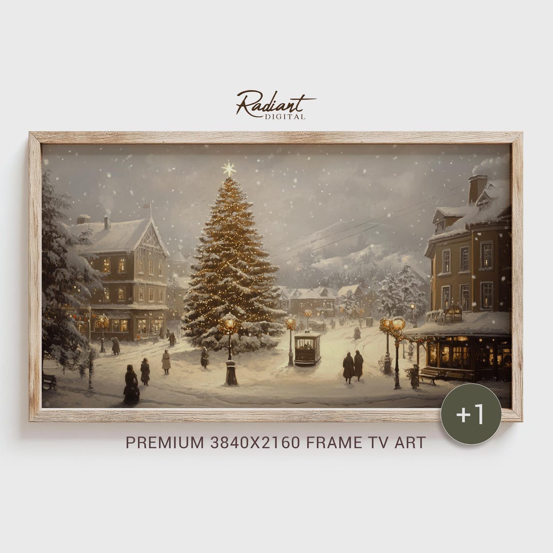 Snowy Mountain Village Christmas Tree and Trolley Scene Poster