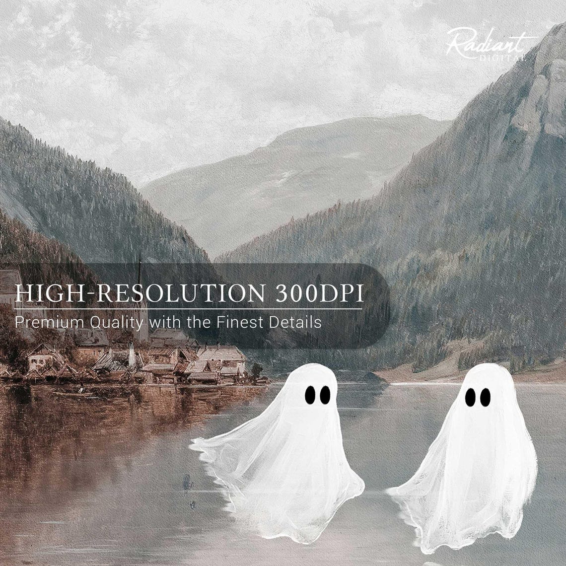 Two Ghosts Over Misty Mountain Lake Sleepy Village Haunted Poster - Image 5