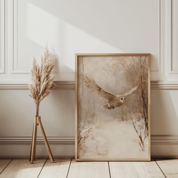 Owl Gliding over Snowy Woodland Path Misty Warm Winter Poster