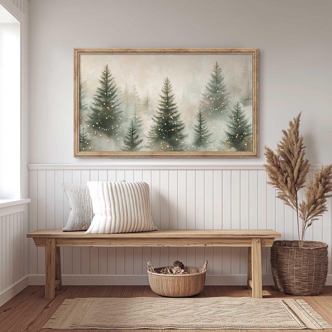 Misty Watercolor Pine Forest with Soft Glowing Lights Poster - Image 3