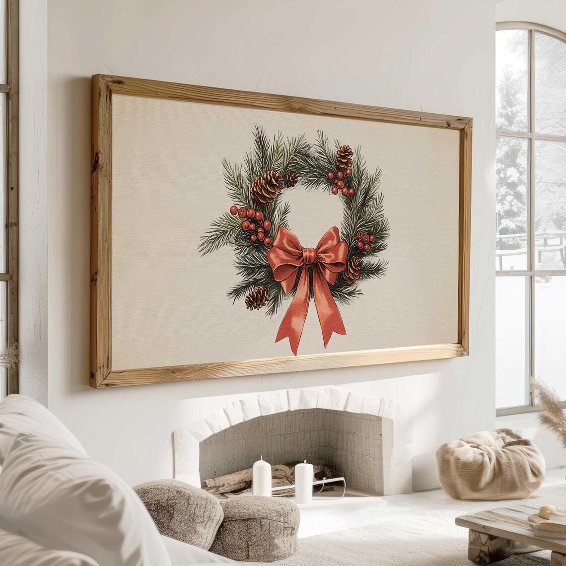 Christmas Wreath Red Bow Pinecones Berries Vintage Holiday Wall Art - Image 3