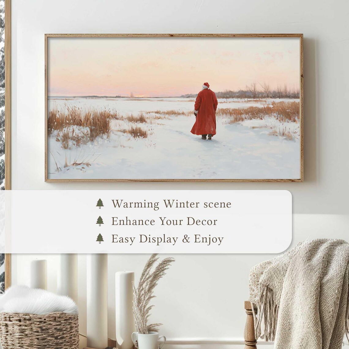 Serene Santa Walking Snowy Field Sunset Winter Scene Wall Art - Image 4