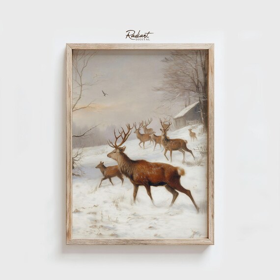 Red Deer Stag Herd Crossing Snowy Field Vintage Wildlife Poster