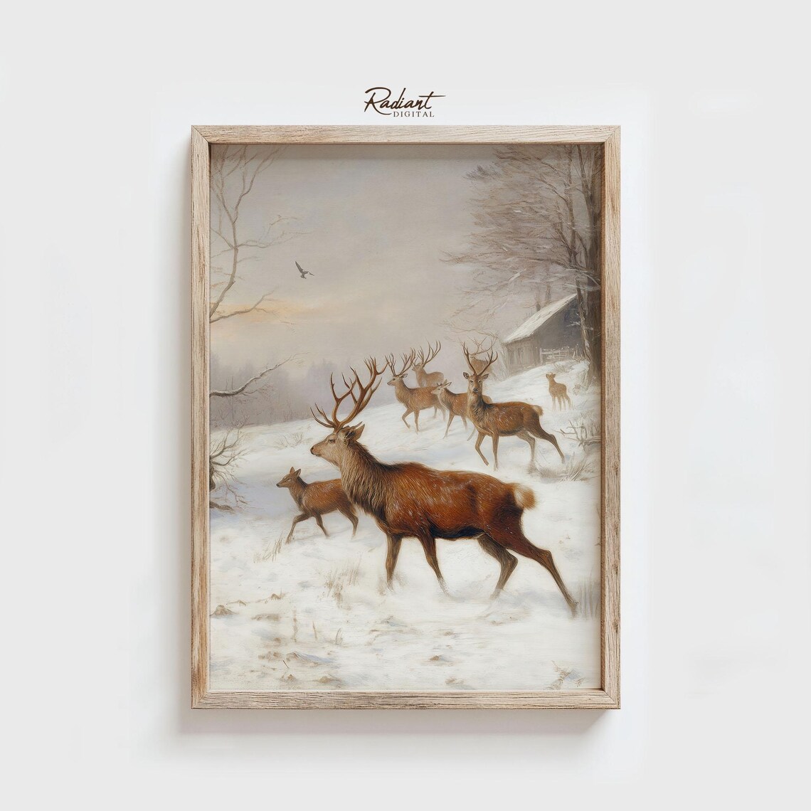 Red Deer Stag Herd Crossing Snowy Field Vintage Wildlife Poster
