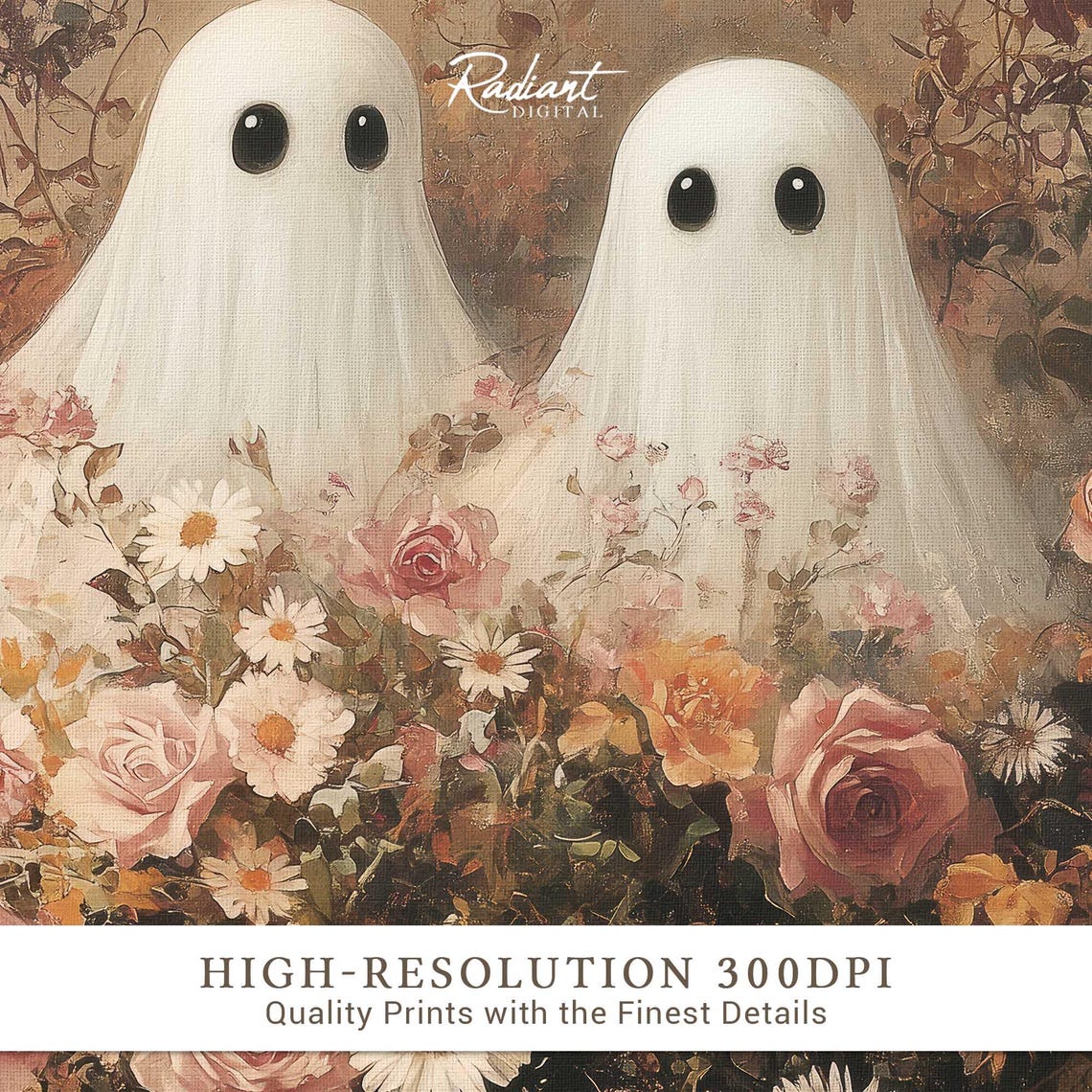 Two Cute Ghosts Among Roses Daisies Floral Halloween Art Print - Image 3