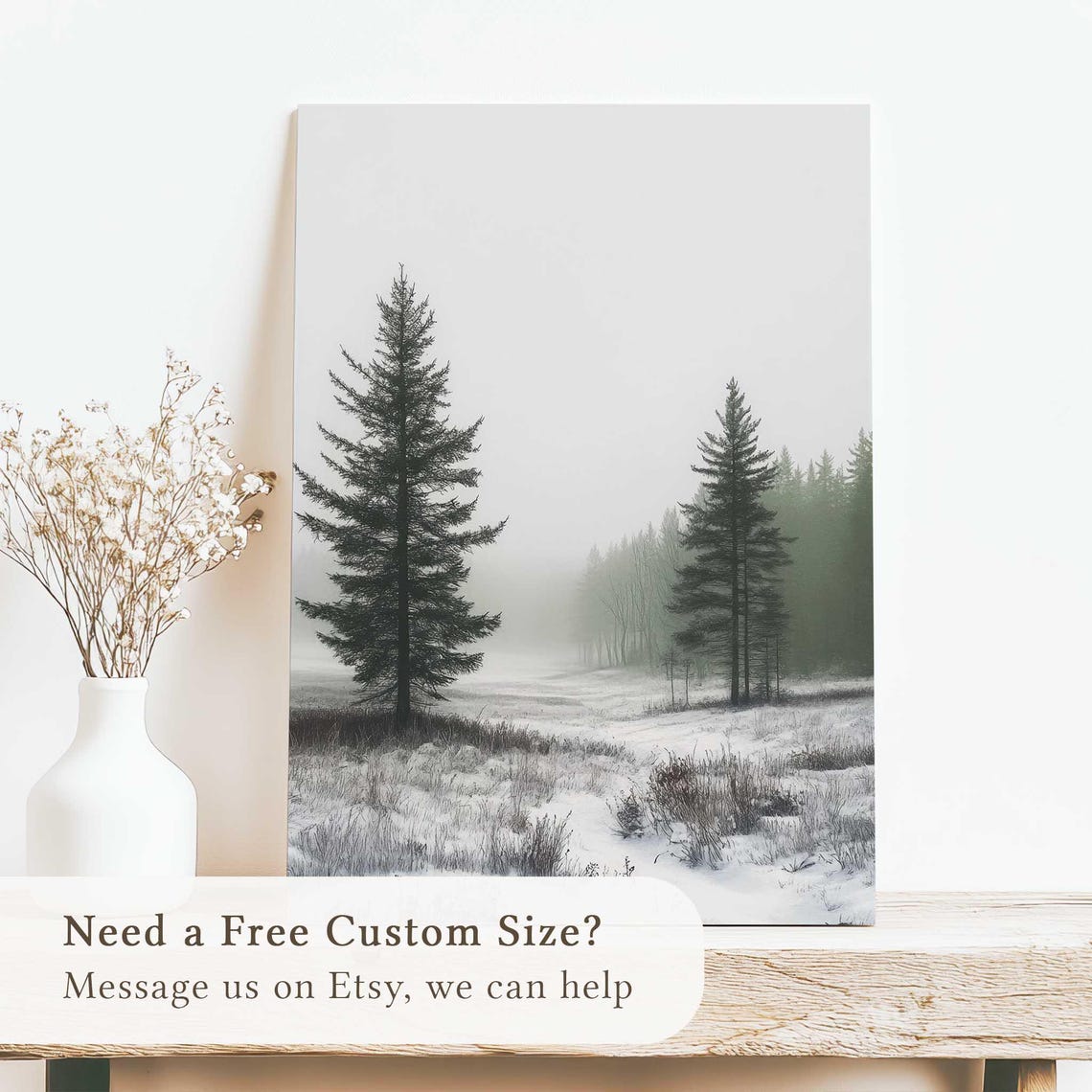 Misty Tall Pine Forest Winter Minimalist Snowy Watercolor Poster - Image 2
