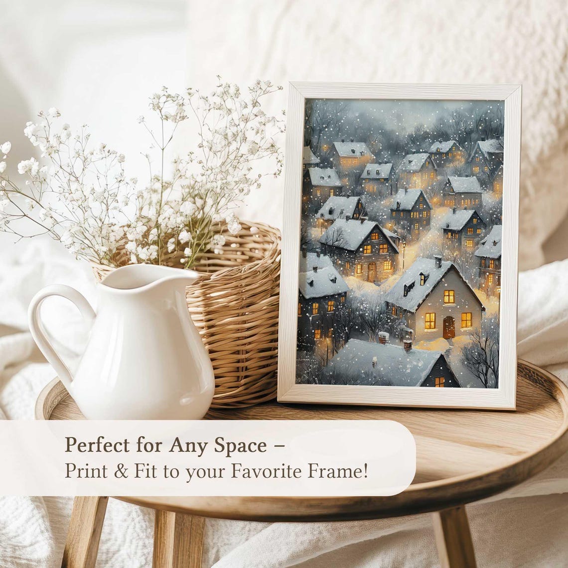 Snowy Village Glowing Windows Winter Night Watercolor Poster - Image 5