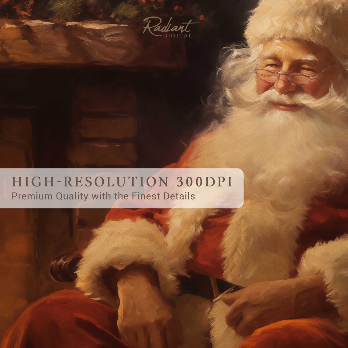 Santa Claus By Fireplace With Garland Cozy Christmas Wall Art - Image 3