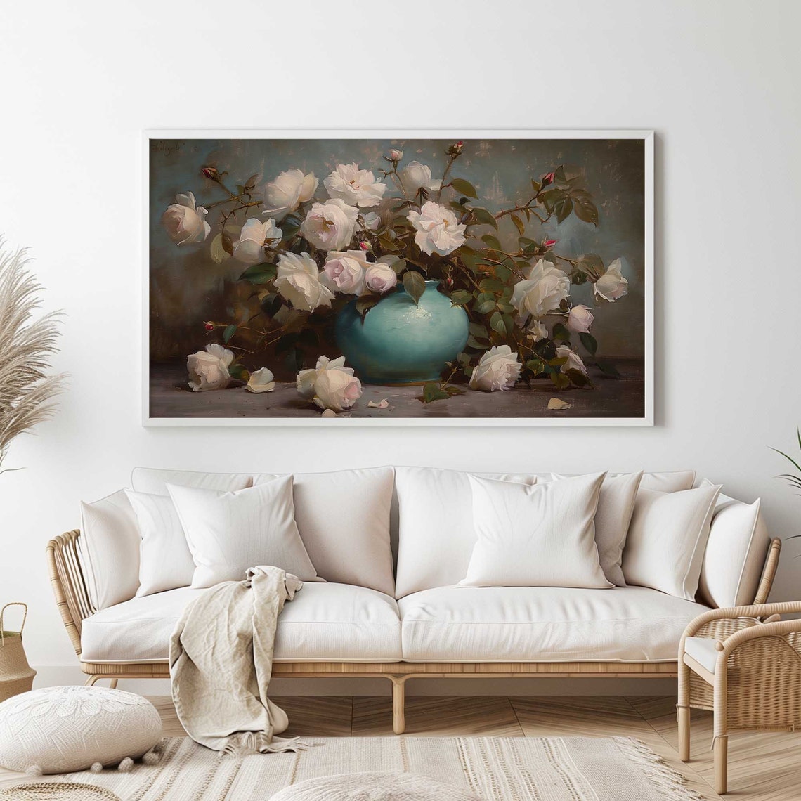 White Roses in Turquoise Vase Elegant Floral Still Life Poster - Image 3