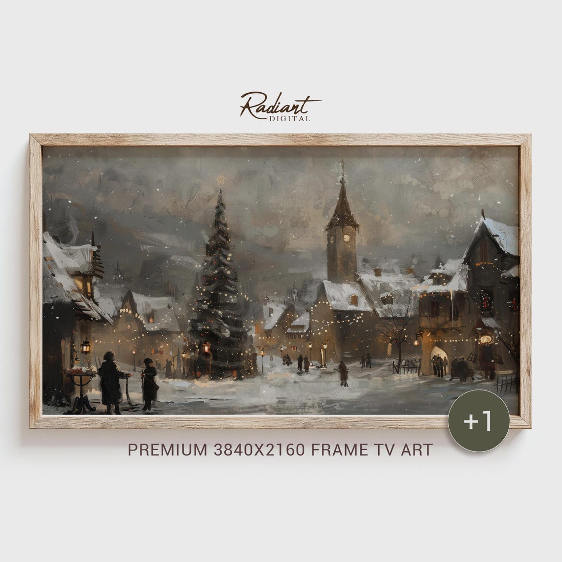 Snowy Old Town Square Christmas Tree Church Tower Dusk Poster
