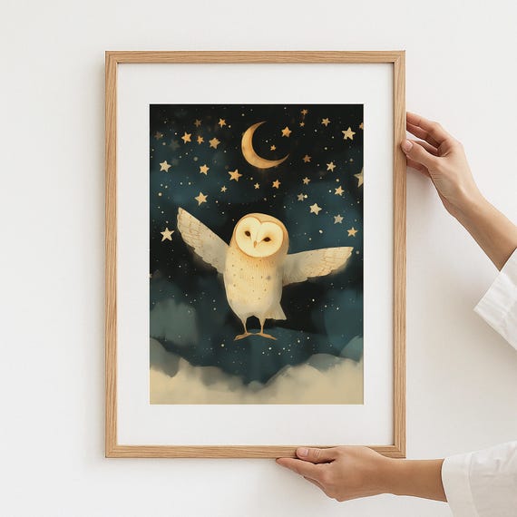 Barn Owl Print Celestial Night Sky Art Moon Stars