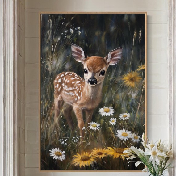 Baby Deer Fawn Wildflowers Daisy Meadow Rustic Nursery Poster