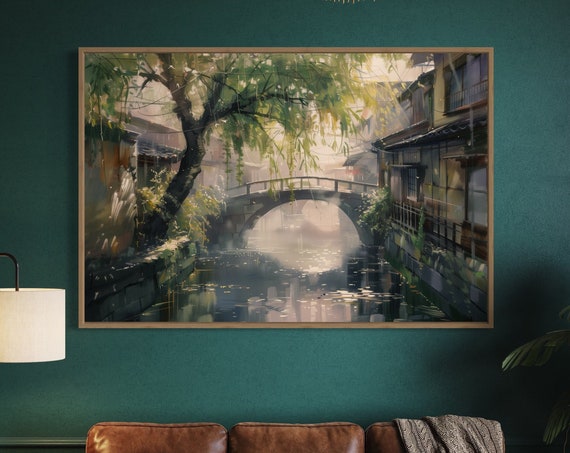 Tranquil Japanese Village Zen Decor With Water Reflection Bridge Painting Print And Japanese Garden Art Perfect Home Decore