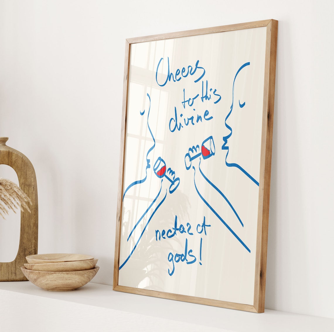 Cheers Divine Wine Blue Line Art Toast Profiles Quote Poster - Image 2
