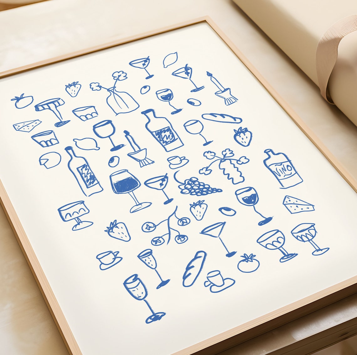 Blue Line Dinner Party Wine Glasses Cocktail Doodle Art Poster - Image 2