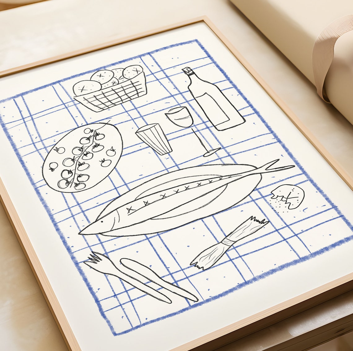 Dinner Party Hand Drawn Fish Wine Bread Blue Kitchen Art Poster - Image 2