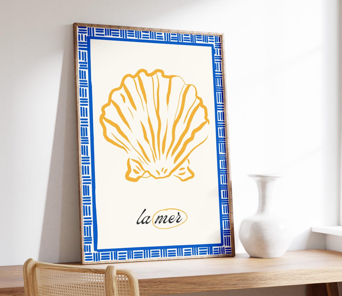La Mer Scallop Shell Coastal Blue Greek Border Kitchen Art Poster