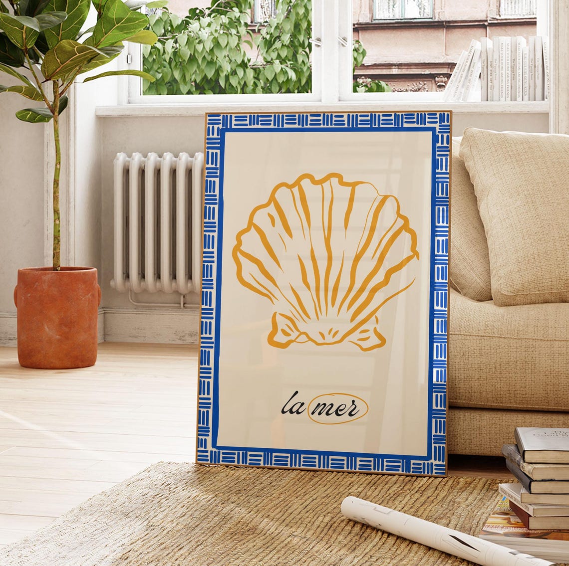 La Mer Scallop Shell Coastal Blue Greek Border Kitchen Art Poster - Image 4
