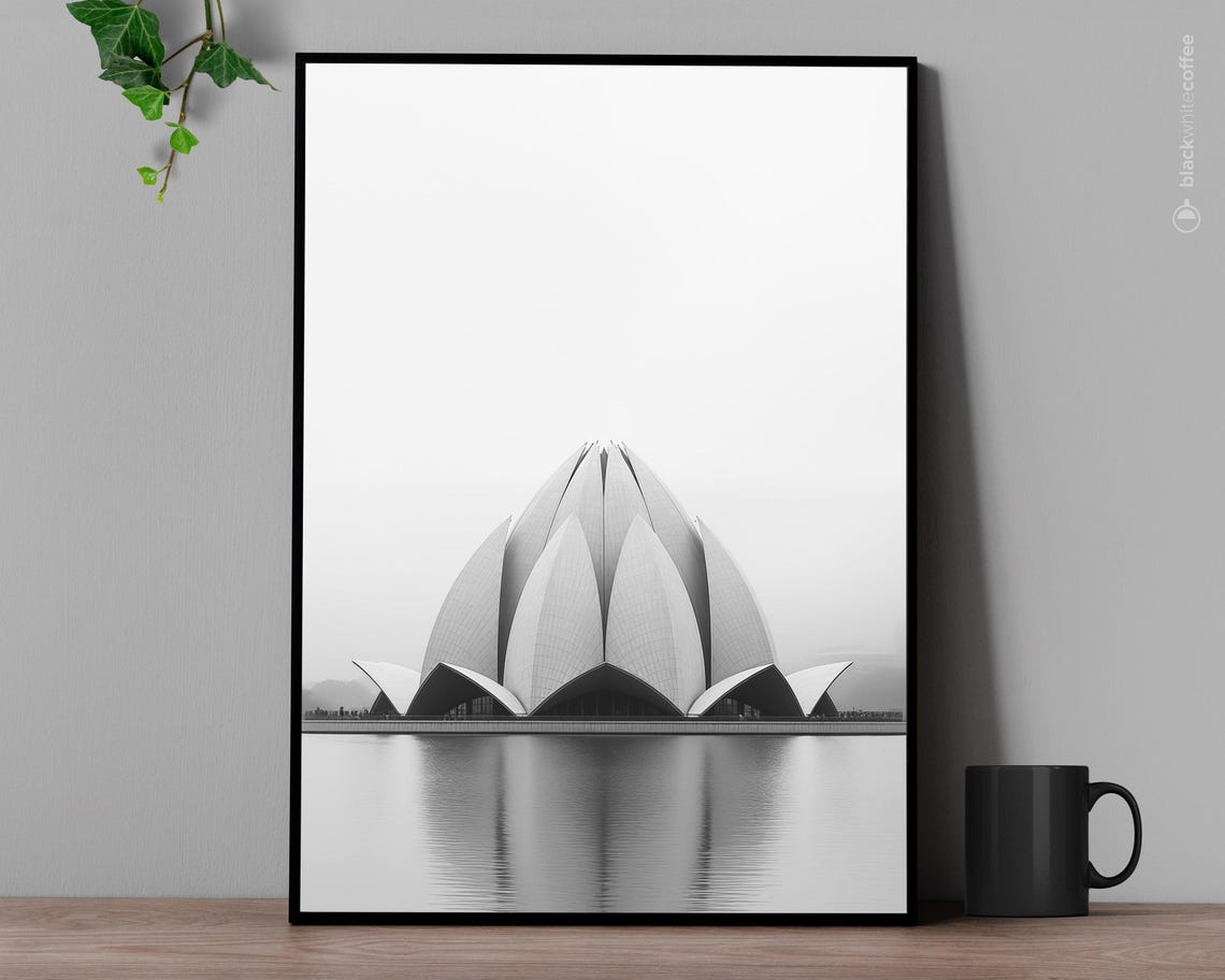 Delhi Lotus Temple Minimalist Black White Architecture Poster