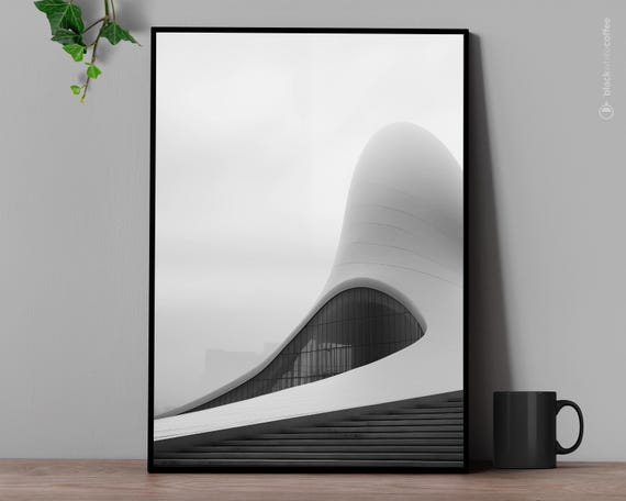 Futuristic Building Inspired By Heydar Aliyev Centre Black And White Art Architecture Print