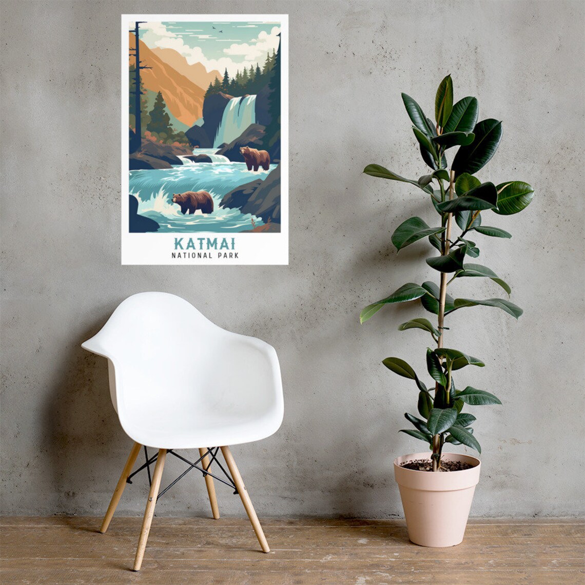 Katmai National Park Brown Bears Waterfall River Vintage Travel Poster - Image 2