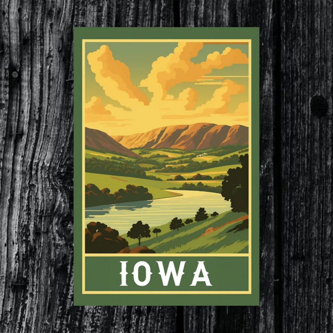 Iowa Rolling Hills Lake Bluffs Green Valley Vintage Travel Poster