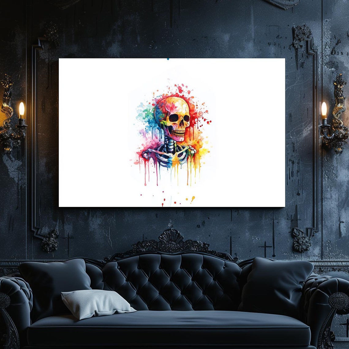 Rainbow Watercolor Skeleton Skull Dripping Paint Party Poster