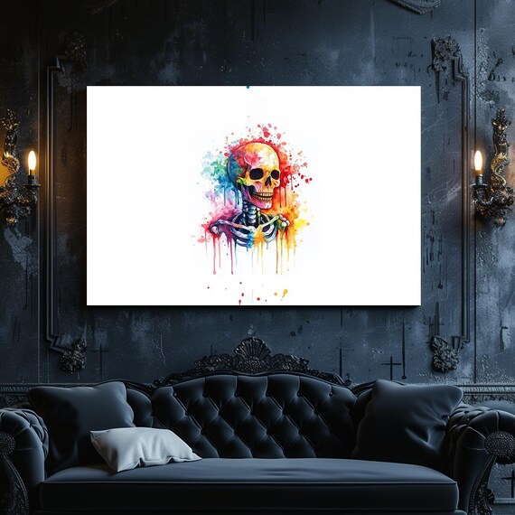 Rainbow Watercolor Skeleton Skull Dripping Paint Party Poster
