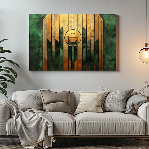 1920s Green And Gold Art Deco Sleek Print Bold Statement Vibrant Metallic Look Geometric Colorful Shapes Zig Zags Rustic Art