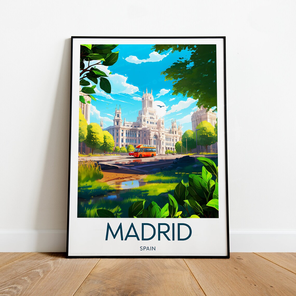 Madrid Spain Cibeles Palace Plaza Red Bus City Travel Poster - Image 2