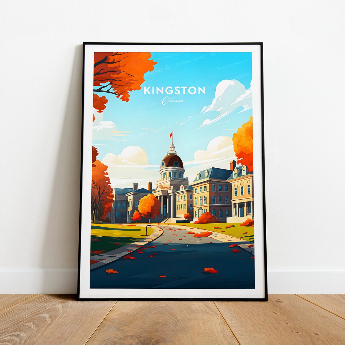 Kingston Canada Autumn City Hall And Falling Leaves Street Poster