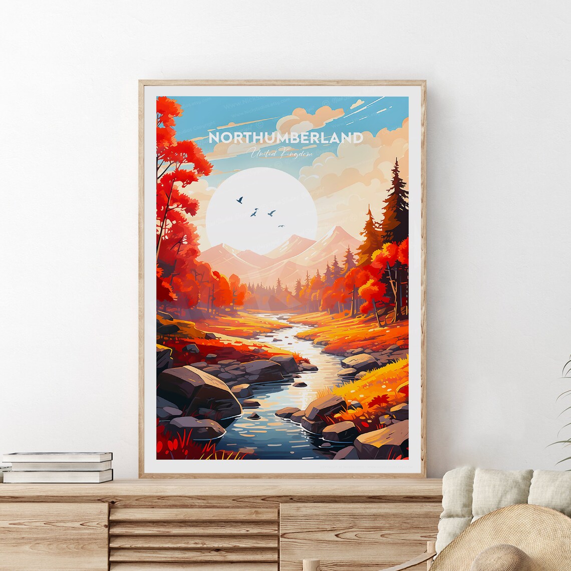 Northumberland UK Autumn Forest Stream Mountain View Travel Poster