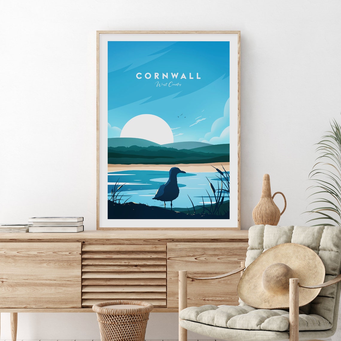 Cornwall West Country Seagull Estuary Sunset Beach Travel Poster