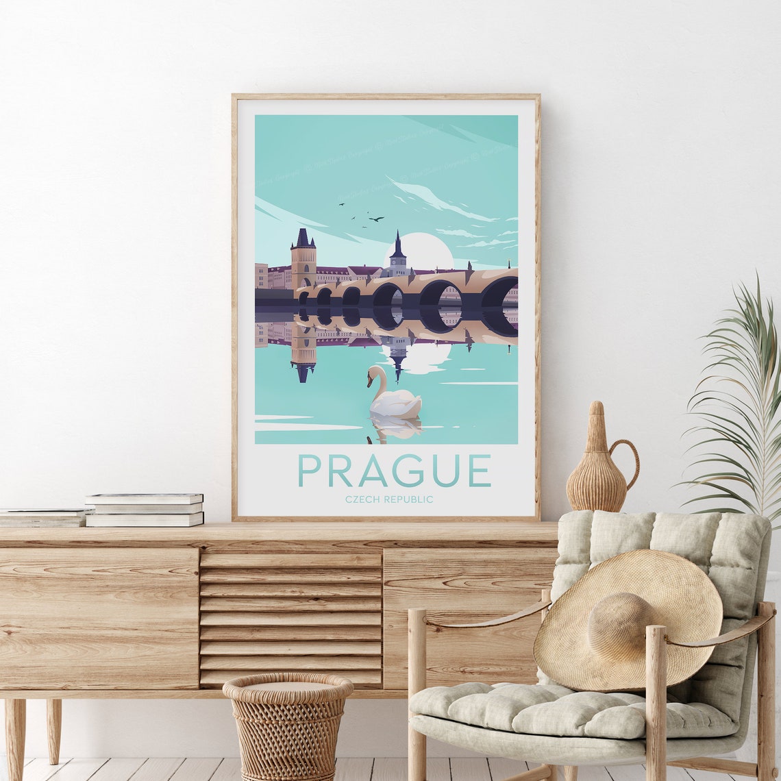 Prague Czech Republic Charles Bridge Swan River Travel Poster